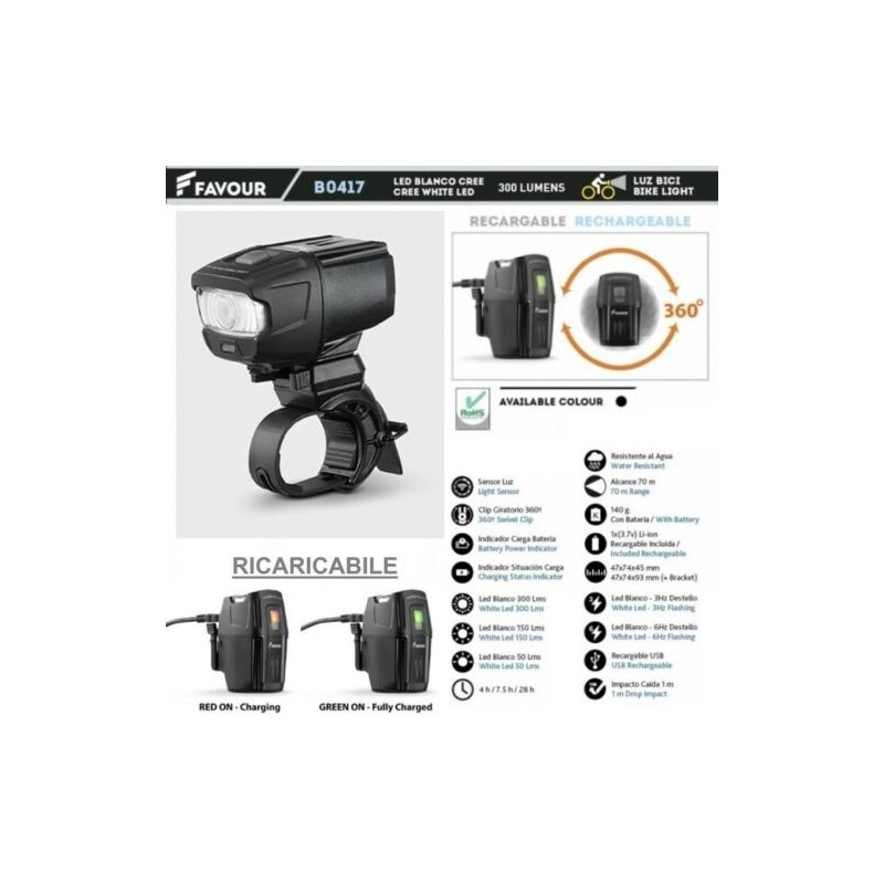 Torcia Led da Bici FAVOUR B0417 Bike Light Ricaricabile 300 Lumens con Sensore