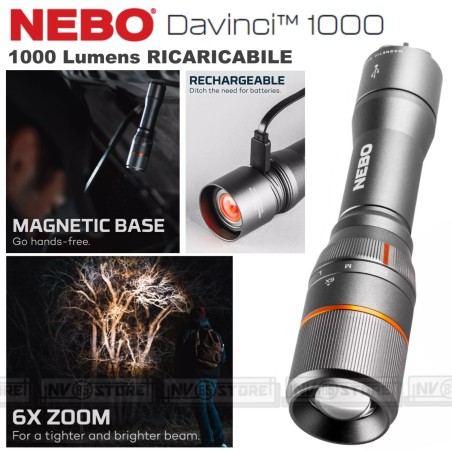 Torcia Led NEBO DAVINCI 1000 Lumen RICARICABILE Tascabile Zoom 6X 299 Metri